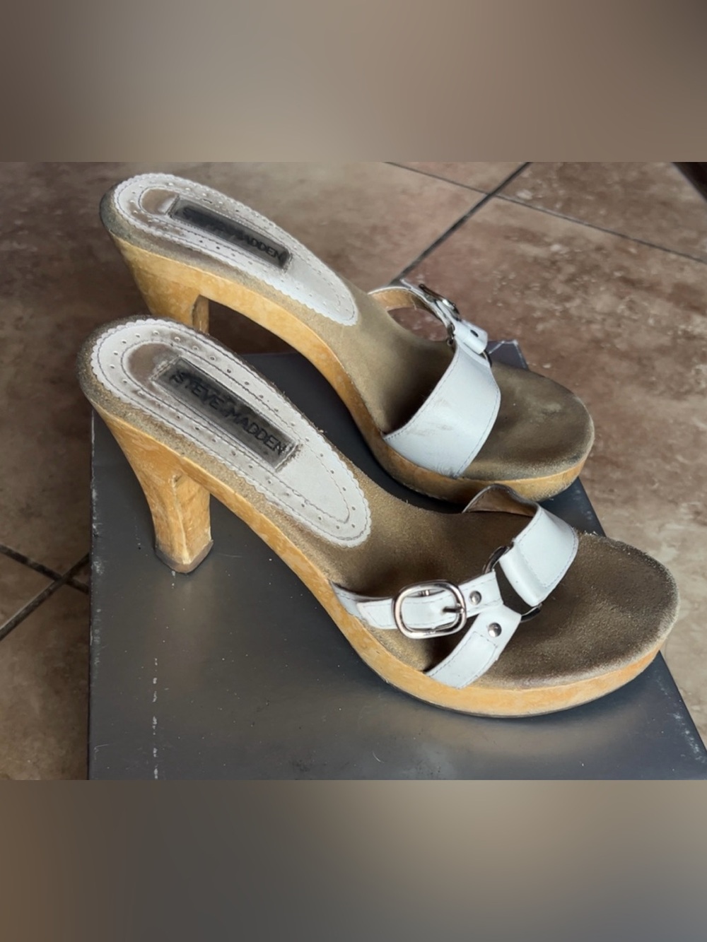 Steve Madden | White Leather Buckle Heeled Mules Sandals Flip Flops Women’s